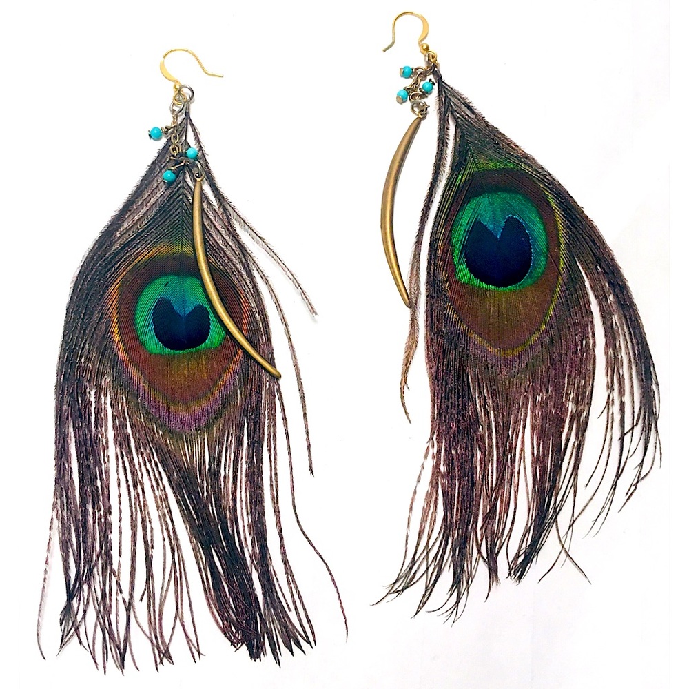 Peacock feather dangle earrings with gold and turquoise 🦚
